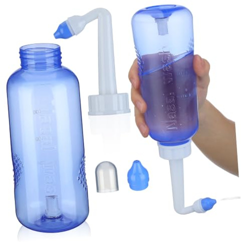 Botella Enjuague de 500ml Azul Nasal de Plástico | Control de Flujo de Agua, Uso Invertido, 2 Boquillas, Diseño Creativo, para Adultos y Niños
