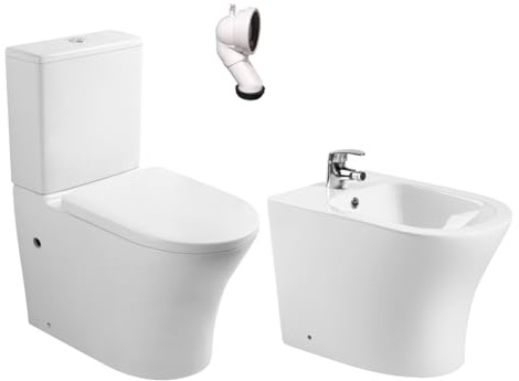 Pack Wc Inodoro Completo Ceramico Blanco Fondo Reducido Rimless y Tapa Extrafina Caida Amortiguada + Bidet a Suelo de Bano Moderno - Sin tapa y Facil Limpieza Olimp (Pack Wc + Bidet)
