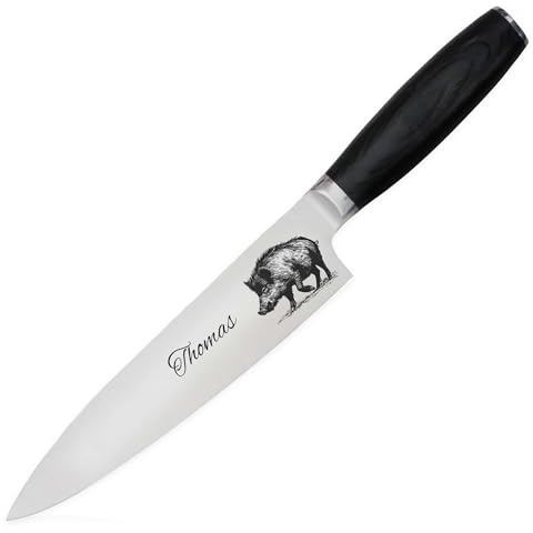 ADAM WILD Küchenmesser mit Gravur | personalisierte Geschenke für Jäger | Scharfes Kochmesser, Edelstahlklinge 20 cm | Pakkaholz-Griff | mit Jagdmotiv & Name gravierbar | in Geschenkbox