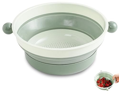 Green Mini Collapsible Colander, Small Rice Strainer for Single & Small Households, Colander Plastic with Fine Washing Holes, Foldable Food Strainer with Base for Berries & Noodles