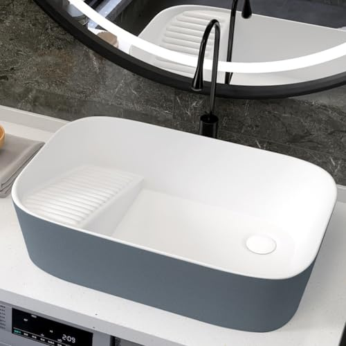 Lavandino da Appoggio per Bagno Lavanderia con Asse per Lavare, Lavatoio in Ceramica con Rubinetto Nero per Bagni Servizi Igienici Balconi Facile da Pulire(60x38x16cm/23.6x15x6.3in)