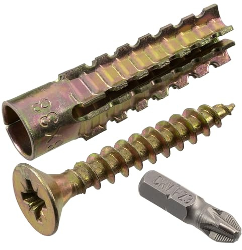 AERZETIX - Set of 15 metal spreader dowels with external teeth Ø8x38 mm gold + 15 screws Ø6x40 mm + 1 PZ3-bit | for aerated concrete and plaster blocks