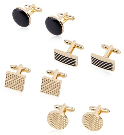 4 Paires Boutons de Manchette pour Hommes, Classique Rectangle Rayé Rond Doré Bouton Manchette Set pour Marié Chemises Costumes (4 Modèles)