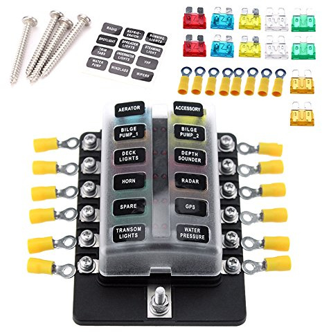 RASTKY Support de Boîte à Fusibles 12 Voies avec Indicateur LED Rouge + 10 Fusibles pour Voiture, Bateau, Camion Marin 12 V 24 V, Facile à Utiliser, Conception Robuste en Cuivre nickelé