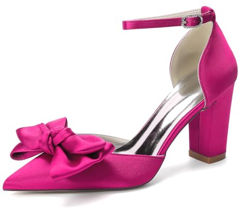HFWXYSA Escarpins en Satin à Bout Pointu avec Noeud pour Femme, Chaussures à Talon Bloc et Bride de Cheville,Fuchsia,41 EU
