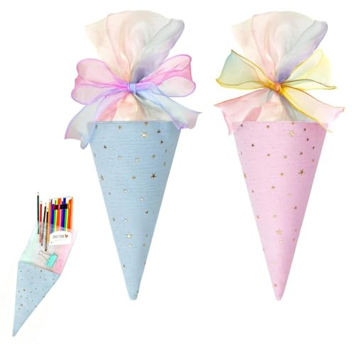 Lot de 2 Cornets de rentrée Scolaire Pliables pour frère et sœur – Cornets à Bonbons Bleu et Rose à remplir avec Rubans pour Cadeaux et fête de rentrée