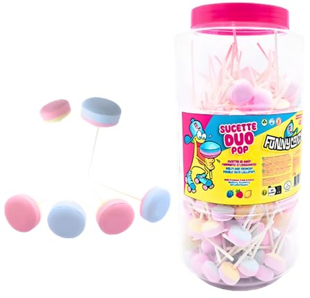 Funny Candy Duo Pop – Pot de 200 Sucettes Bi-Goût Fraise et Citron | Sucettes fondantes bi-goût, vegan, halal, sans gluten et sans lactose, aux colorants d’origine naturelle.