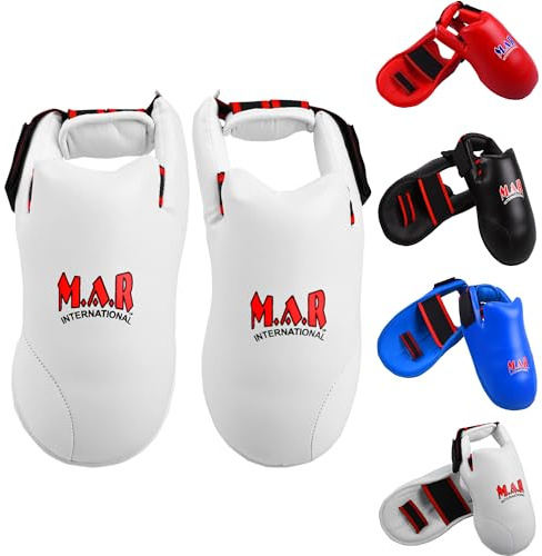 MAR | White Martial Arts Foot Protector for Karate, Karate Kick Boots, Karate Foot Protectors for Karate Competition, Moulded Foam Padding, Elasticated Heel Straps & Toe Loops (Large)