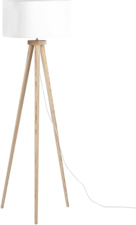 Beliani Lámpara de pie poli algodón blanco 142 cm paras de madera clara de roble trípode pantalla en forma de tambor estilo moderno Nitra