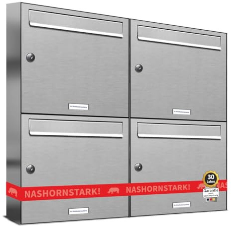 AL Briefkastensysteme 4er Briefkastenanlage aus V2A Edelstahl, Premium Briefkasten DIN A4, 4 Fach Postkasten modern Aufputz