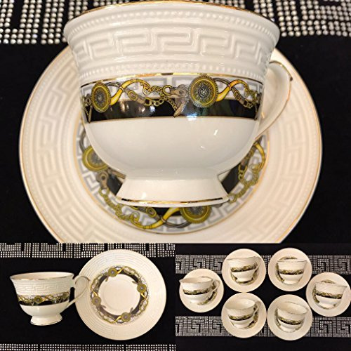 Medusa Service Kaffee Kombiservice für 6 Personen Tassen Geschirr Tafel Set Porzellan Gold mit Styl NEUHEIT Sehr EDEL Mäander