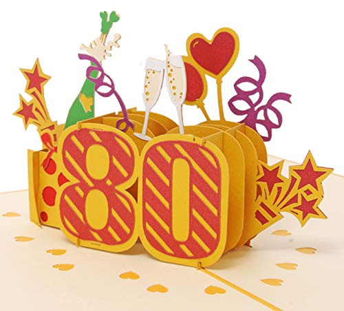 Favour Pop Up Glückwunschkarte zum runden 80. Geburtstag. Ein filigranes Kunstwerk, das sich beim Öffnen als Geburtstagstorte entfaltet. TA80B