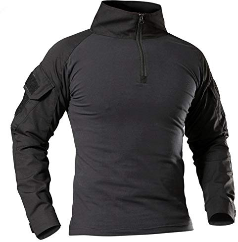 Chemise tactique militaire à manches longues respirante pour homme, t-shirt de combat à séchage rapide, haut d'extérieur avec fermeture éclair 1/4 sur le devant, camouflage Airsoft, noir, taille L