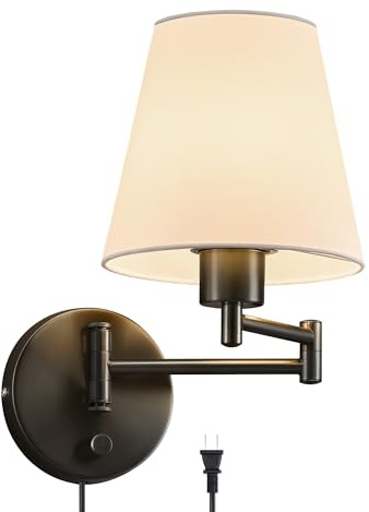 VONLUCE Modern Swing Arm Wall Mount Light Plug in, Corded Wall Lamps with White Fabric Shade, Black Metal Adjustable Wall Sconce, Wall Mount Lamp for Bedroom, Living Room, Bedside