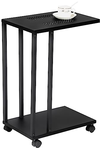 H JINHUI - Tavolino da salotto a forma di C, tavolino con ruote per piccoli spazi, tavolino con vassoio per cellulare e snack, utilizzabile a fianco al divano, struttura industriale in metallo(nero)