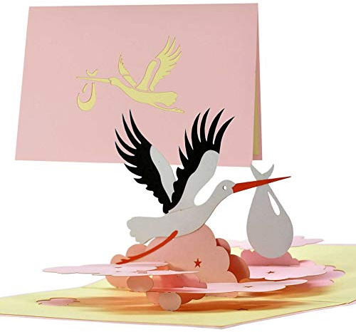 Glückwunschkarte zur Geburt, Mädchen, Grußkarte mit Pop Up Vogel Storch Geschenk für Mama und Papa G23.3