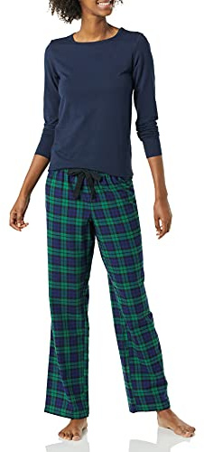 Amazon Essentials Blackwatch Plaid, Set da Notte da Donna con Pantaloni in Flanella Leggera e Maglietta a Maniche Lunghe, Taglia L