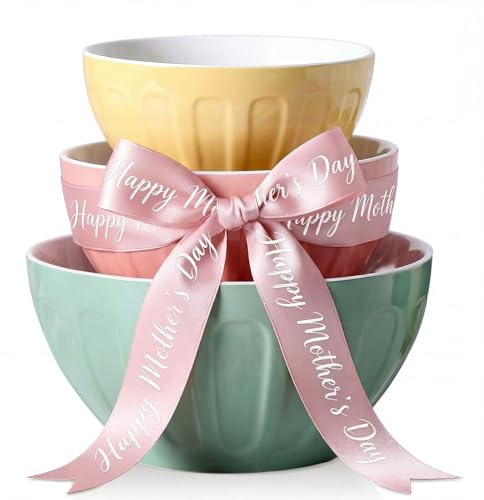 Lareina Ceramic Mixing Bowls Set of 3, Large Nesting Bowls for Serving/Baking/Prepping, Mother's Day & Housewarming/Wedding Gift, Oven/Microwave/Dishwasher Safe 3.2/1.7/1.2 Qt, Pastel Color