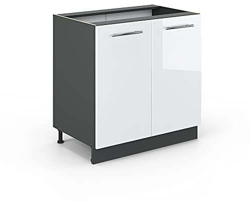 Vicco Armario bajo para Fregadero Fame-Line, Blanco Alto Brillo, 80 cm con Estante, sin encimera, para Combinar con Otros módulos de la Serie Fame-Line