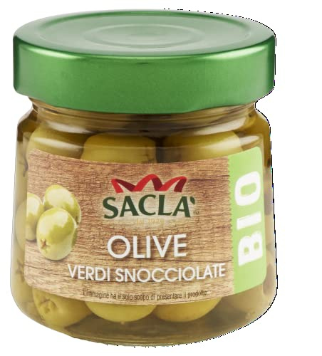Saclà, OlivOlì, Olive Verdi Denocciolate Biologiche, Ideali per Aperitivo, Insalate e per Arricchire i Tuoi Piatti, Vaso Vetro, 185g (90g sgocciolato), Confezione da 6 Pezzi