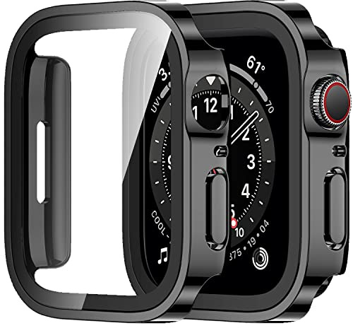 Amizee 2 Pack Compatible with Apple Watch Case 44mm Series 6/5/4/SE 3 2 1 with Built-in Screen Protector, Hard PC Straight Edge Ultra Thin Scratch Protection for iWatch 44mm, Black/Black