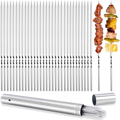 Metal Skewers for Grilling, 50 Pack 14.8 Kabob Skewers, Flat BBQ Barbecue Skewer, Reusable Grilling Skewers Set with Portable Storage Tube for Commercial and Home Use
