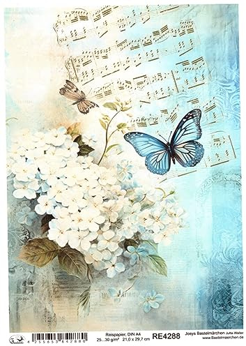 Josys Bastelmärchen Reispapier A4 Strohseide Vintage Scrapbooking Blumen Schmetterling Noten RE4288