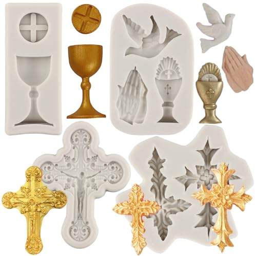 MYPRACS Cross Silicone Moulds Chalice Peace Dove Fondant Moulds Baptism Cake Mould for Cupcake Topper Cake Decorating Chocolate Candy Gum Paste Polymer Clay Set of 4