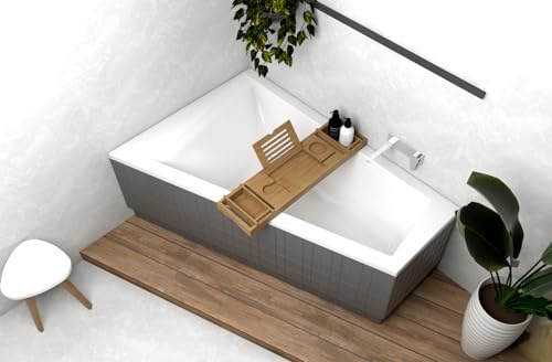 ECOLAM Badewanne RITA 160x100 LINKS Trapezwanne Bambusablage Ablauf Füße | Eckwanne Trapezform direkt vom Hersteller Badewannenbrett Ab- und Überlauf Alcaplast Füße Silikon im Set echtes Sanitäracryl
