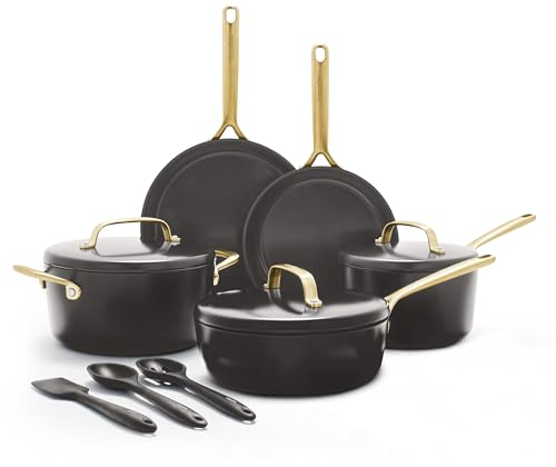 GreenPan GP5 14 Piece Cookware Pots and Pans Set, Hard Anodized Ceramic Nonstick PFAS-Free, Induction Suitable, Scratch Resistant, Gold-Tone Handles, Stay-Flat Surface, Dishwasher and Oven Safe, Black