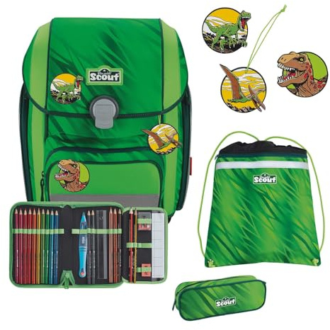 SCOUT Schulranzen Basic Genius Set 4-teilig Dino Rex grün