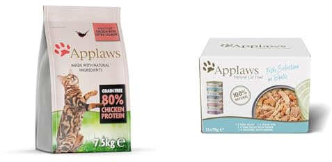 Bundle of Applaws Katzentrockenfutter Adult, Huhn mit extra Lachs, getreidefrei und komplett 7,5 kg (1 Packung) + Applaws Premium Natural Katzenfutter Nass, Fischauswahl in Brühe 70g Dose (12x70g)