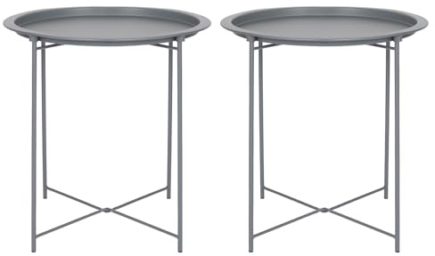 Harbour Housewares Round Tray Tables with Removable Trays - Pack of 2 - Matte Grey Steel Bed Side Table Raised Lip Serving Board Compact Collapsible Folding Table for Bedroom, Home and Office