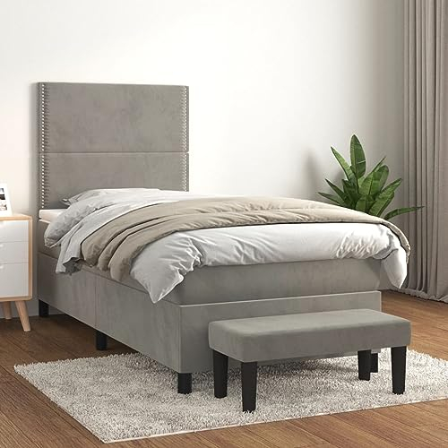 Homgoday Boxspringbett mit Matratze Polsterbett Doppelbett Einzelbett Bett mit Lattenrost & Bettbank Gästebett Bettgestell mit Kopfteil Flach mit Nägeln Hellgrau 100x200 cm Samt
