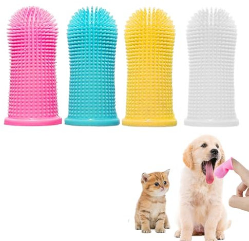 QEQSHQO 4 Stück Hundezahnbürste Fingerling, 360° Silikon-Borsten, Ergonomisches Design, Leicht zu verwenden, Zahnpflege für Hunde