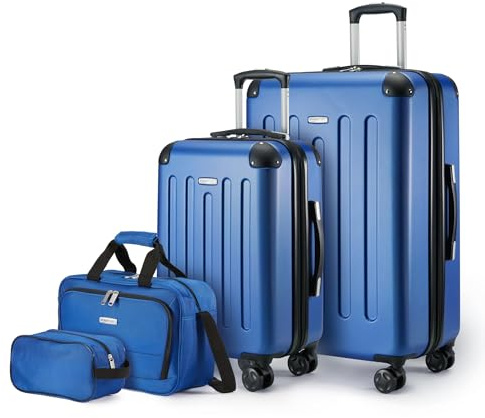Amazon Basics 4-Piece Hardside Luggage Set with Multidirectional Spinner Wheels, 22 Carry-On, 28 Checked Suitcase, 15 Tote Bag and 10 Travel Case, Navy Blue