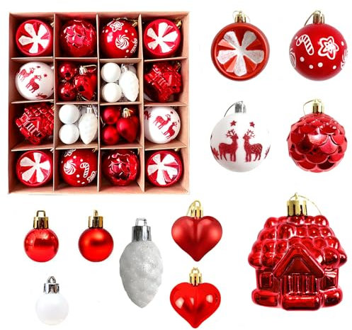Christmas Tree Baubles Set, Xmas Balls for Christmas Ornaments Set, Shatterproof Christmas Hanging Baubles, Assorted Gold & Red Decorations, Xmas Tree Wreath Decoration (red and white)