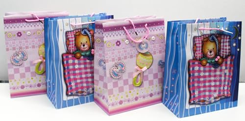 CaPiSo 4 Stück XL Große Design-Geschenktaschen mit Stabiler Kordel 32cm x 26cm x 12cm Geschenktüten Tragetasche mit Griff Tasche Bunte Tüten Kraftpapiertüten Geburt Kind Baby