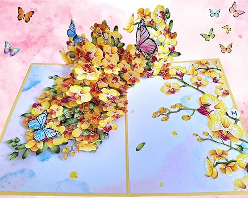 Card Mavens Yellow Orchid Floral 3D Pop Up Birthday Cards for Women Grandmother Mother's Day Daughter Aunt Girlfriend Sister in Law Anniversary Card for Wife Birthday Cards Retirement Pop Up