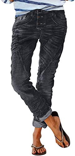 Generic Damen Jeans Boyfriend Knopfleiste - Low Waist Jeans mit Gummizug - Damen-Jeanshose Lang Straight Leg Vintage Destroyed Denim Hose Schwarz L