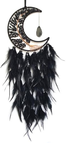 Donko Black Large Moon Dream Catcher Tree of Life Dream Catchers with Agate Pendant Handmade Feather Dreamcatcher Wall Hanging Ornament for Bedroom Living Room Home Decor