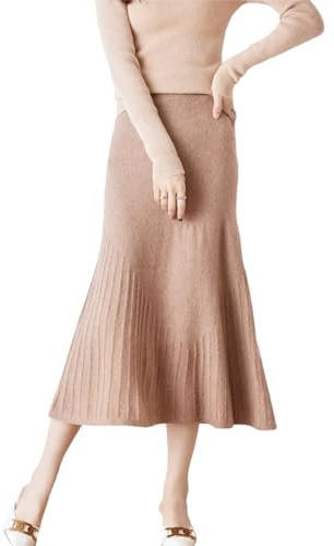 Ailaile Gonna lunga da donna Autunno Inverno 100% Lana Merino Maglia Gonna A Costine Elastico In Vita Fishtail Gonne, Ben Zi, XL