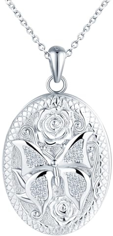 Schmetterling Medaillon zum Öffnen für Bilder Halskette Damen Silber 925 mit Zirkon: Rose Foto Kette Ovale Bilder Anhänger Halskette-Ästhetik Amulett Schmuck Geschenk für Frauen Mama Freundin Mädchen