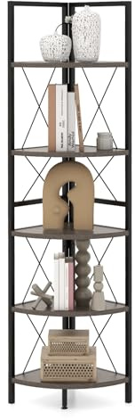 COSTWAY Hörnhylla med 5 nivåer, 160 cm hög, bokhylla i trä, stående hylla med metallram, förvaringshylla, för vardagsrum, badrum, kök och hall (ekgrå)