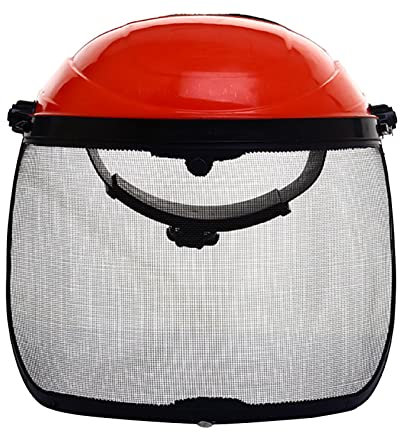 Casco de seguridad para motosierra, malla metálica, visera completa, color rojo