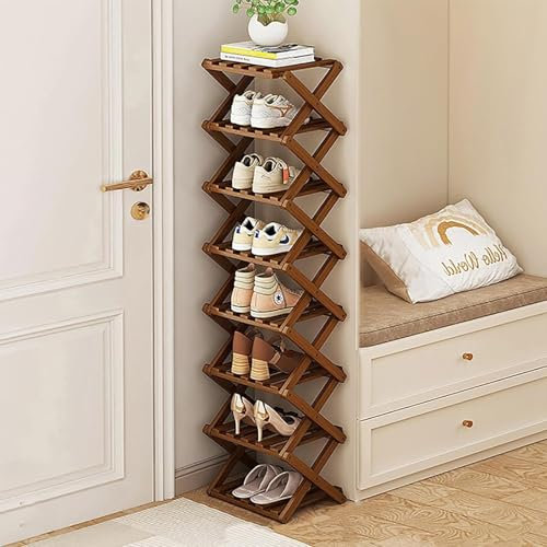 Zapatero de bambú para entrada, organizador de zapatos plegable, soporte estrecho para espacios pequeños, entrada, pasillo, armario, almacenamiento, color nogal, 8 niveles