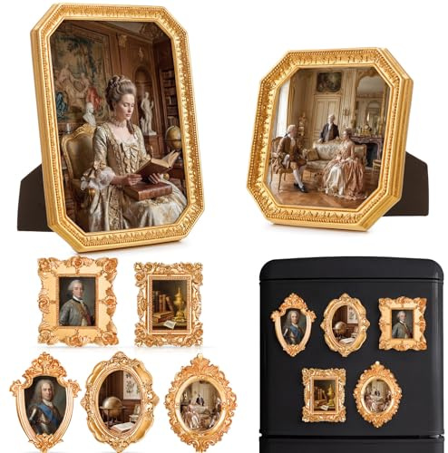 Teenyyou 7 Pcs Vintage Resin Picture Frames Set Antique Gold Mini Photo Frames Small Baroque Oval Rectangle Ornate for Home Display Wedding Favors 4x4, 5x7inch(Classic Style)