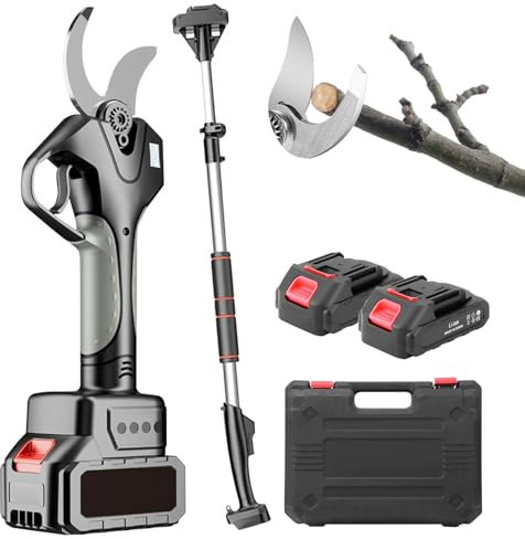 AUTUMFLATGAO Tijeras De Podar Eléctricas Inalámbricas, Tijeras De Podar Profesionales De 50mm, Tijeras De Podar Ramas con Batería De 2×4.5Ah / Poste Telescópico De 2.1M / Pantalla LCD