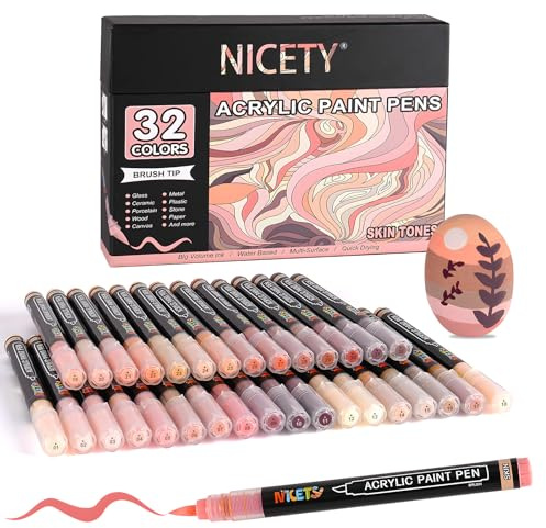 NICETY 32 Colores Rotuladores Acrílicos - Marcadores de Pincel para Pintura en Piedra, Madera, Vidrio, Cerámica - Punta de Pincel 1-6mm, Rotuladores Acrílicos a Base de Agua (Piel)