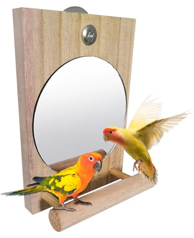 Amesor Posadero para Jaulas de Aves - Espejo para Perchas de Loros con Juguetes para Aves,Interactivo De Madera con Accesorios para Masticar, Suministros para Loros, Canarios, Agapornis Y Grises